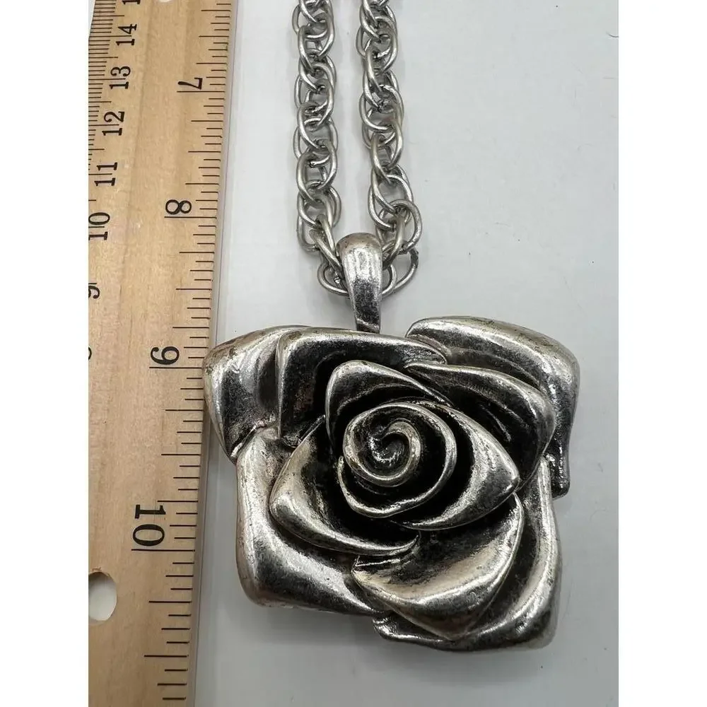 Silver Tone Rose Pendant Necklace - Picture 8 of 8